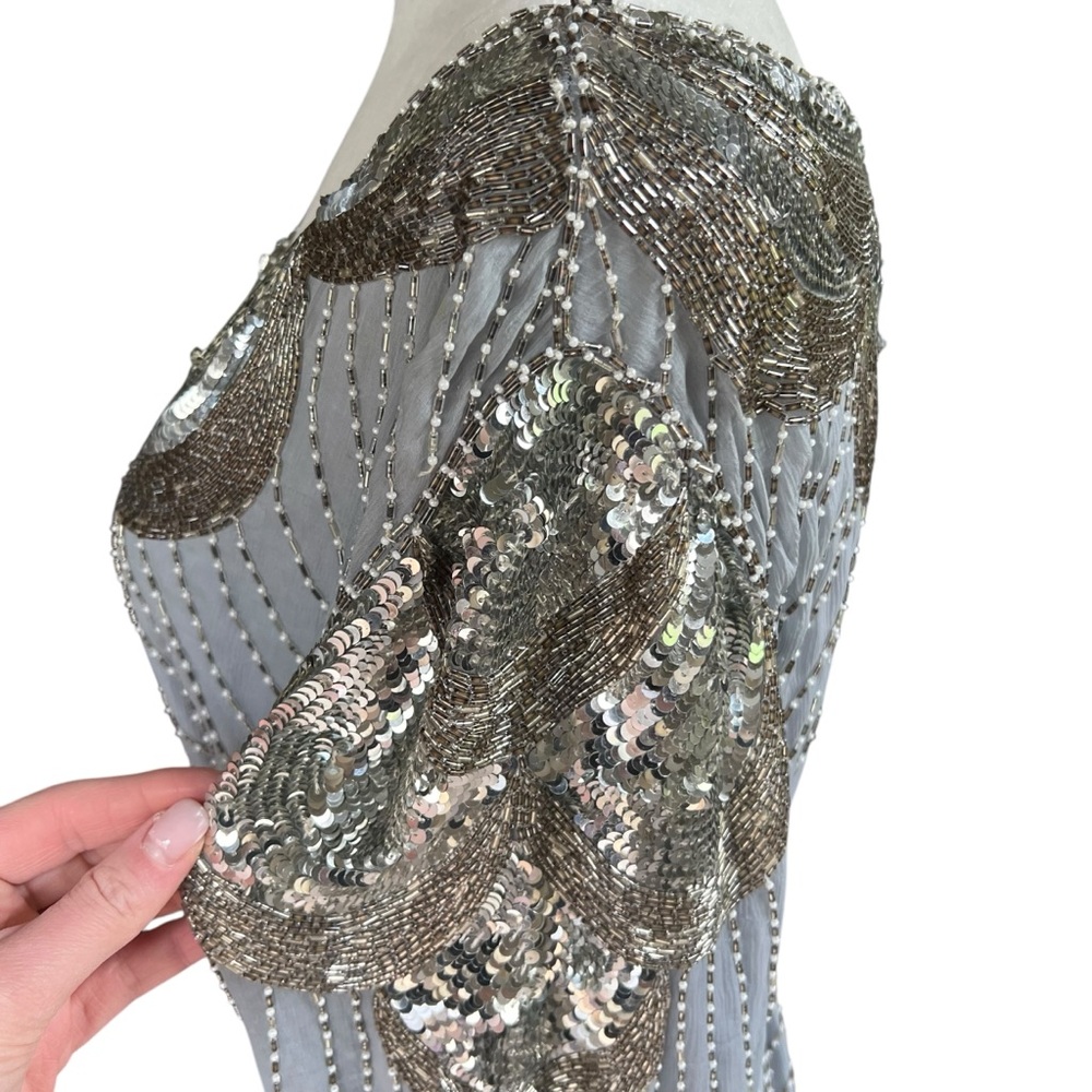 Vintage 🩶 SHO MAX - 3X Silver Silk Beaded Dress India Sequin Caftan Evening Gown - Picture 8 of 14